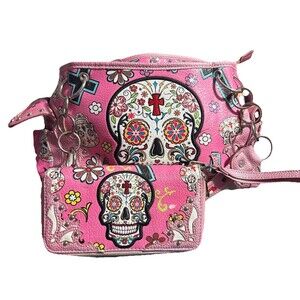 Cowgirl Trendy Pink Sugar Skull Western Purse Wallet Set Studded, Multi Pocket!